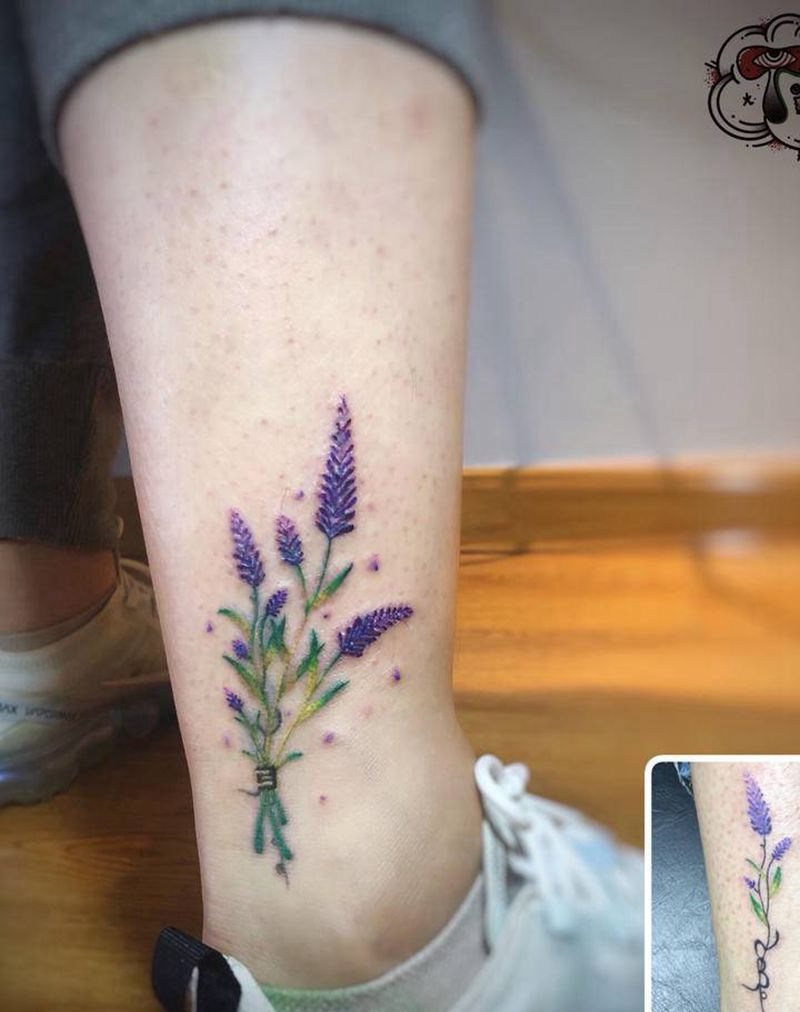 薰衣草 添加纹身图片_腿部水彩纹身图案