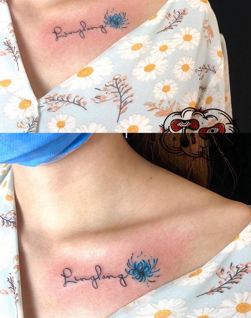 字母➕彼岸花纹身图片_胸部点刺纹身图案