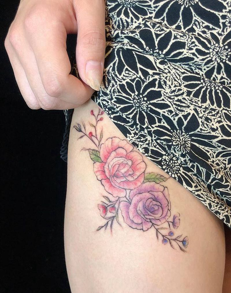 淡彩素花纹身图片_腿部纹身图案