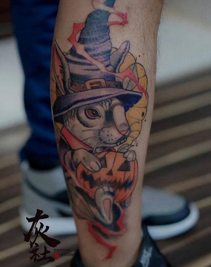 万圣节兔子纹身图片_腿部New School纹身图案