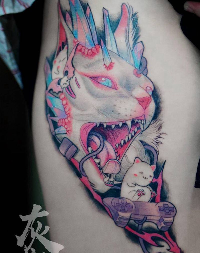 猞猁纹身图片_腿部New School纹身图案