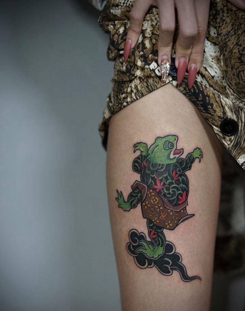 日式刺青蛙纹身图片_腿部老传统纹身图案
