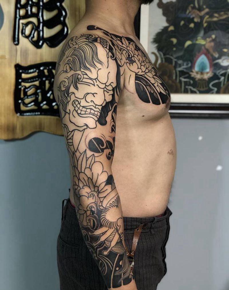 生首花臂进度纹身图片_手臂老传统新传统生首纹身图案