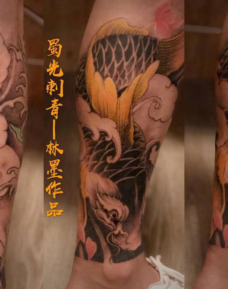 鱼纹身图片_腿部新传统纹身图案