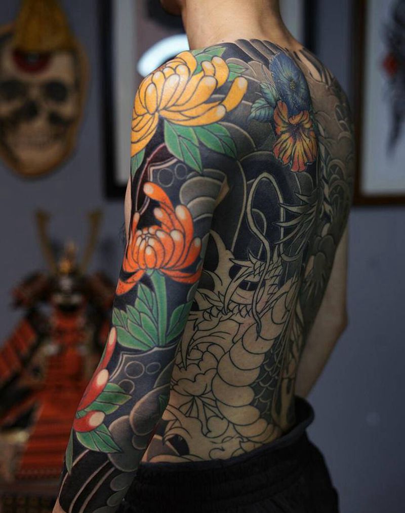 七分臂菊花进度纹身图片_手臂手部老传统新传统纹身图案