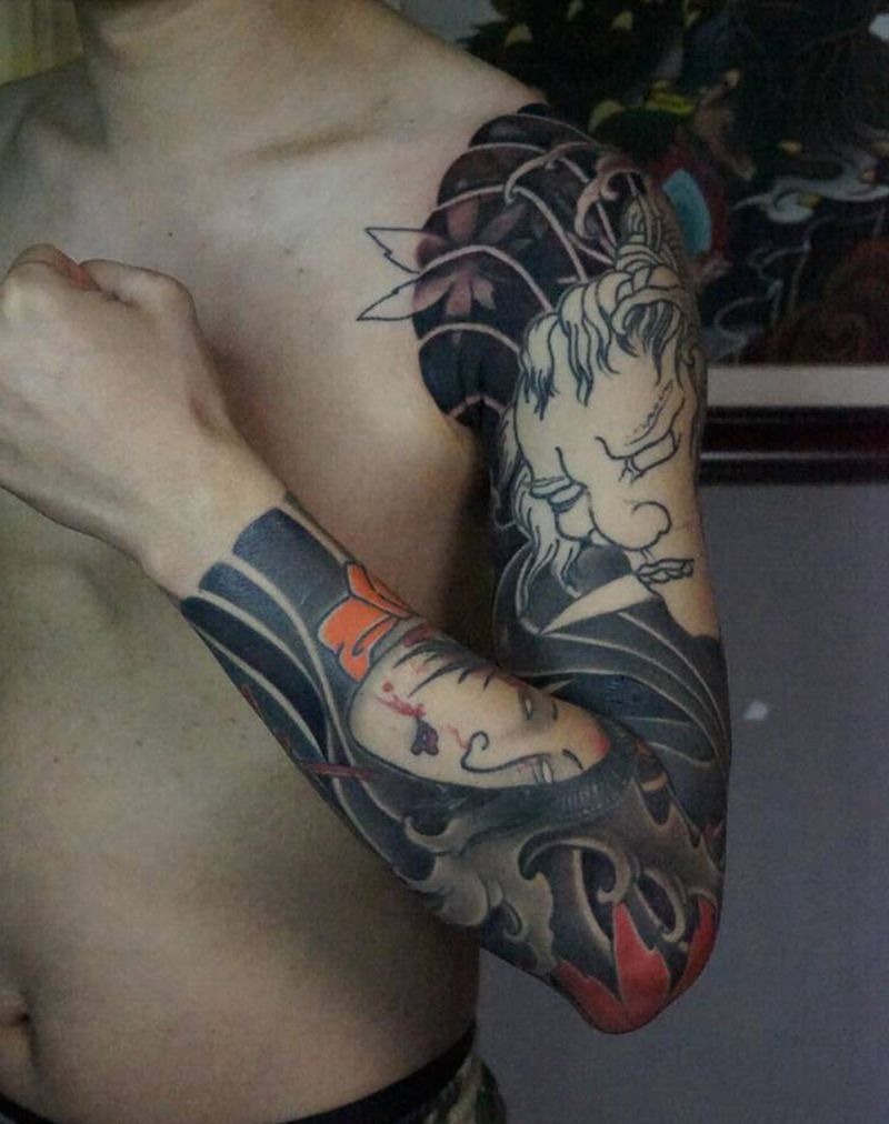 2年前作品生首进度纹身图片_手臂手部老传统纹身图案