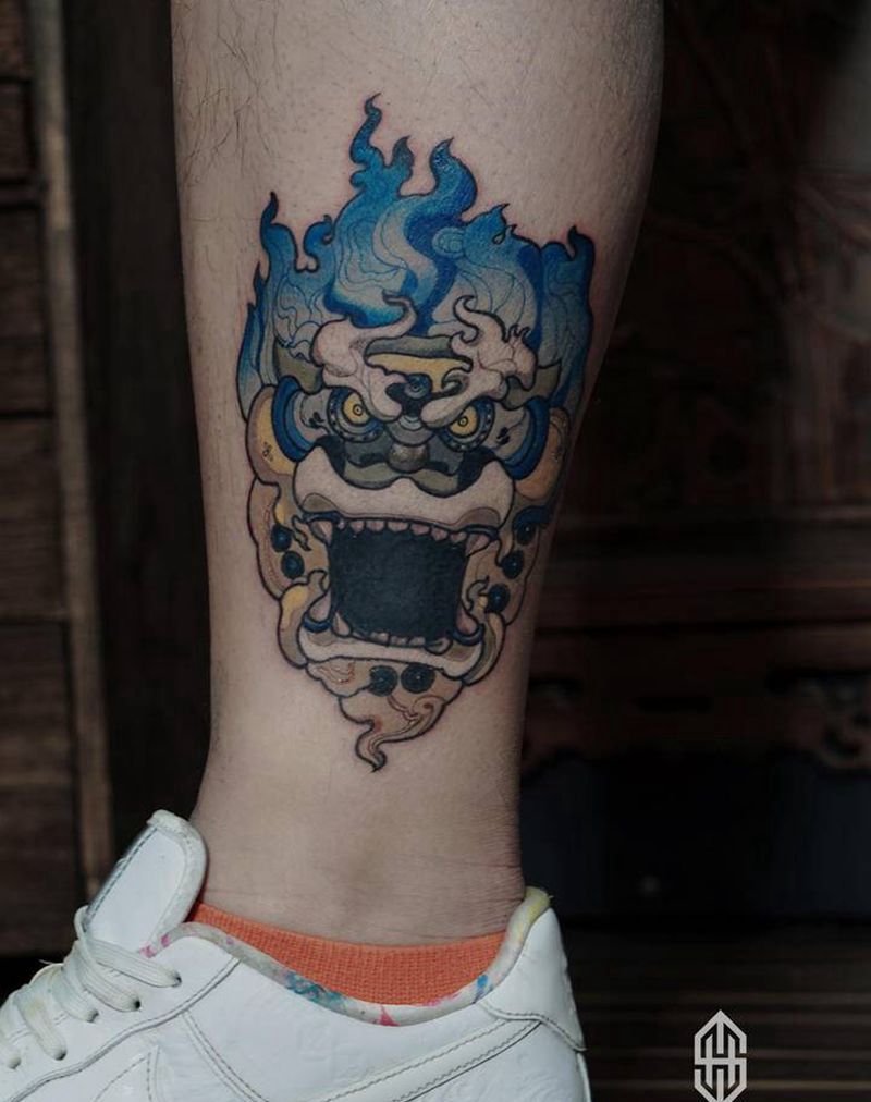 大狮几纹身图片_腿部New School纹身图案