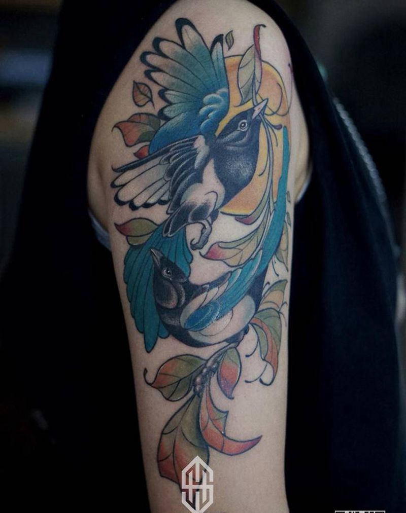 嘻嘻嘻 喜鹊做完啦纹身图片_手臂New School纹身图案