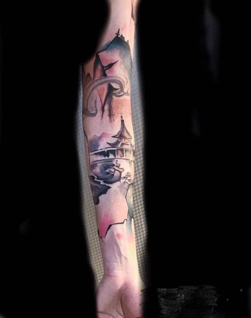 花臂水墨画纹身图片_手臂纹身图案