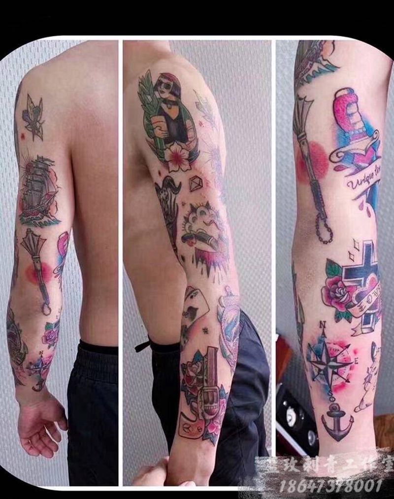 school风格花臂纹身图片_手臂纹身图案