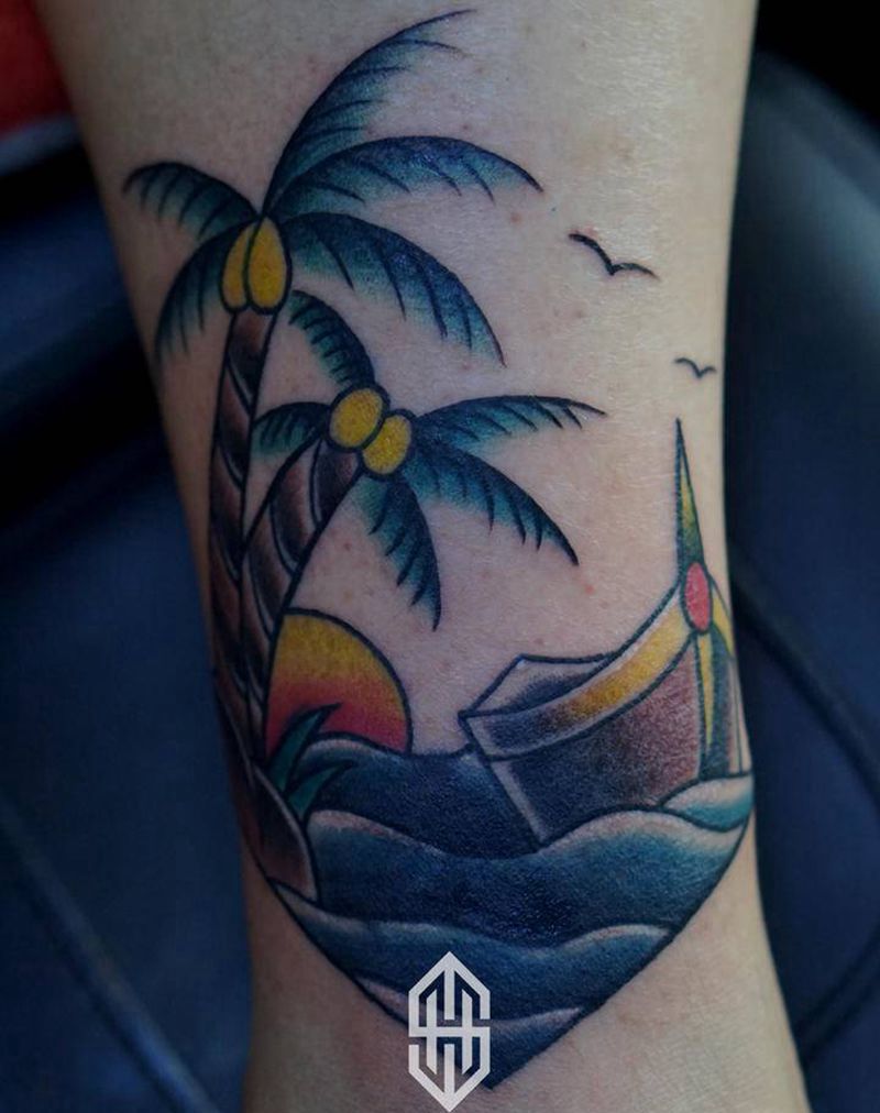 遮盖纹身图片_腿部Old School纹身图案