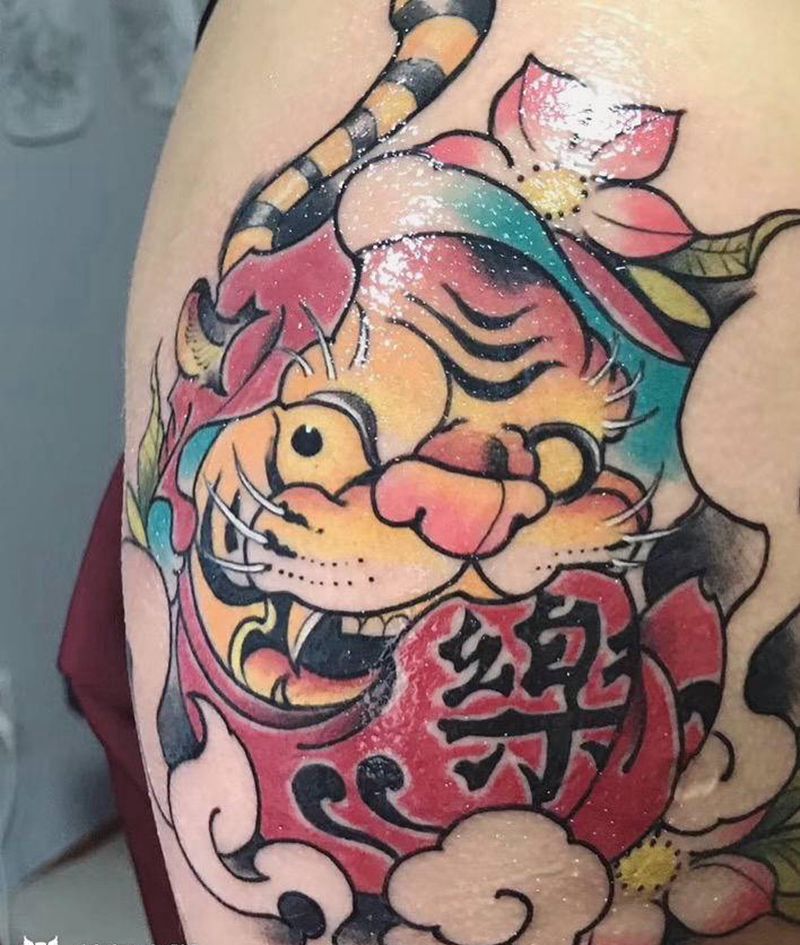 达摩大老虎纹身图片_肩部手臂New School纹身图案