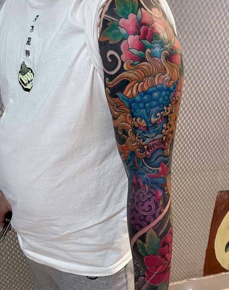 唐狮子牡丹花臂作品纹身图片_手臂新传统纹身图案