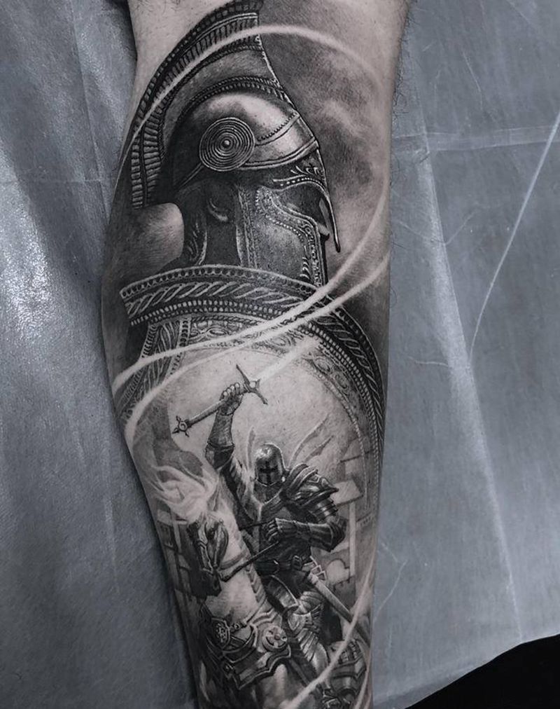 斯巴达与圣骑士纹身图片_腿部欧美写实纹身图案