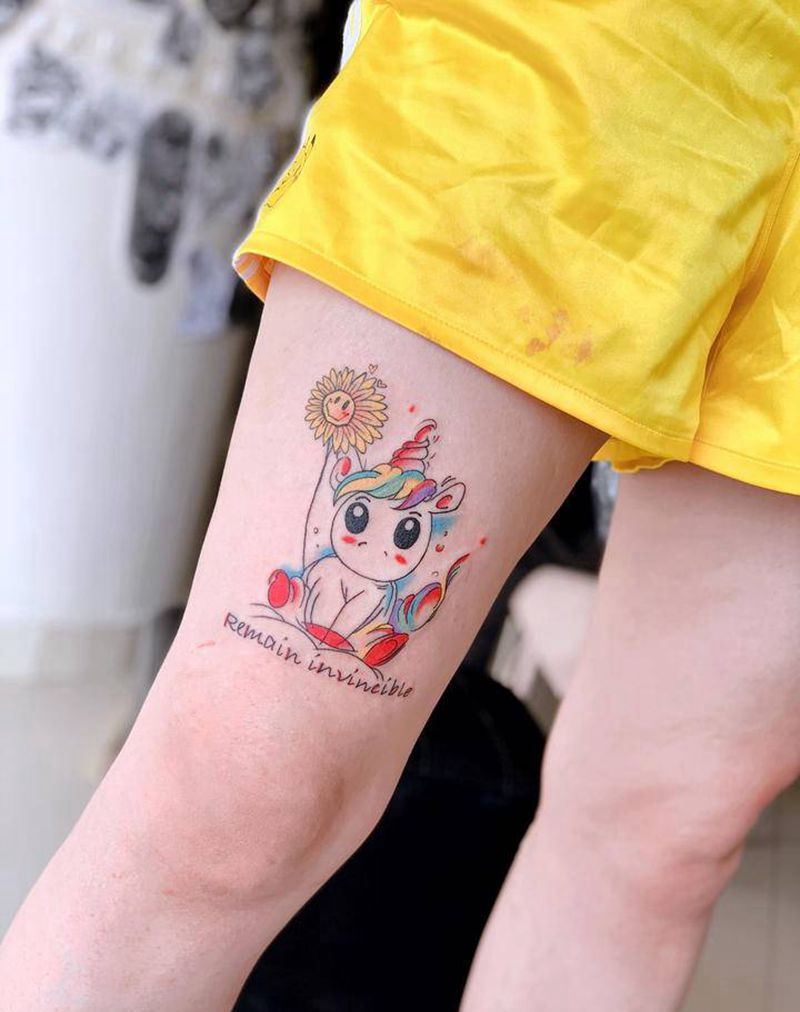 独角兽向日葵纹身图片_腿部水彩纹身图案