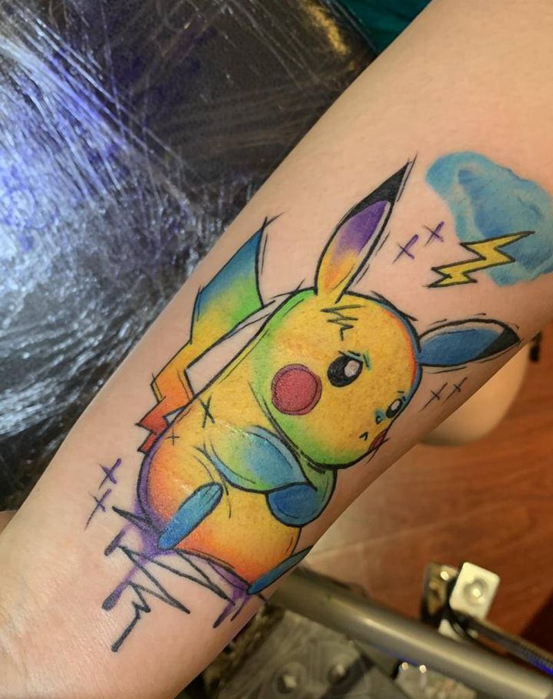 皮卡丘纹身图片_手臂水彩纹身图案