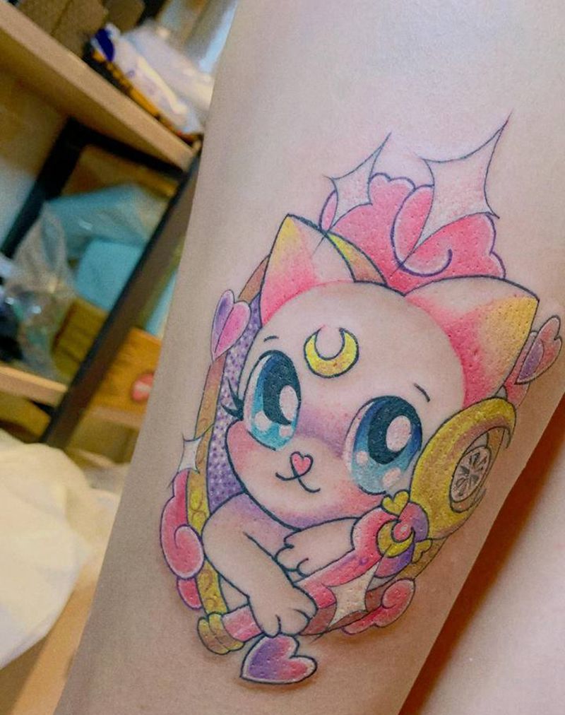 猫 美少女纹身图片_腿部New School水彩纹身图案