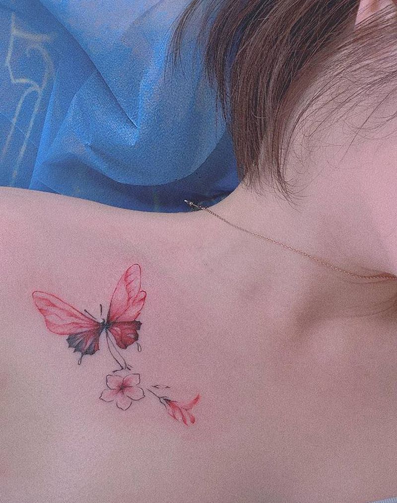 小蝴蝶纹身图片_肩部水彩水墨纹身图案