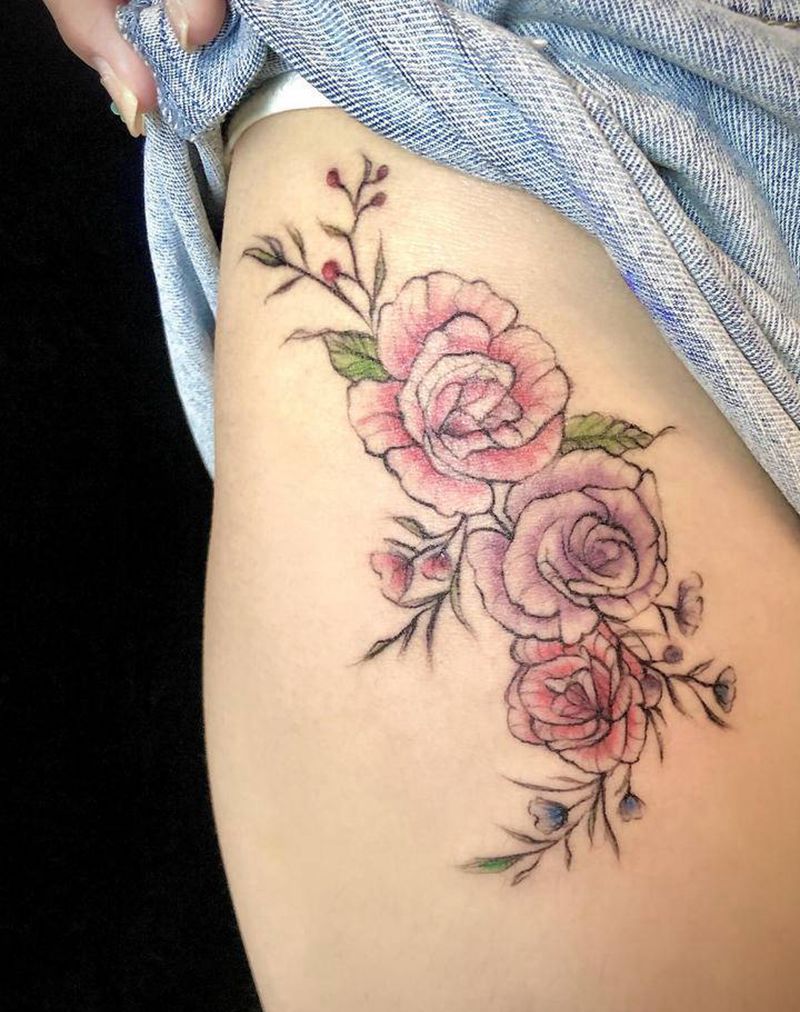 淡彩素花纹身图片_腿部纹身图案