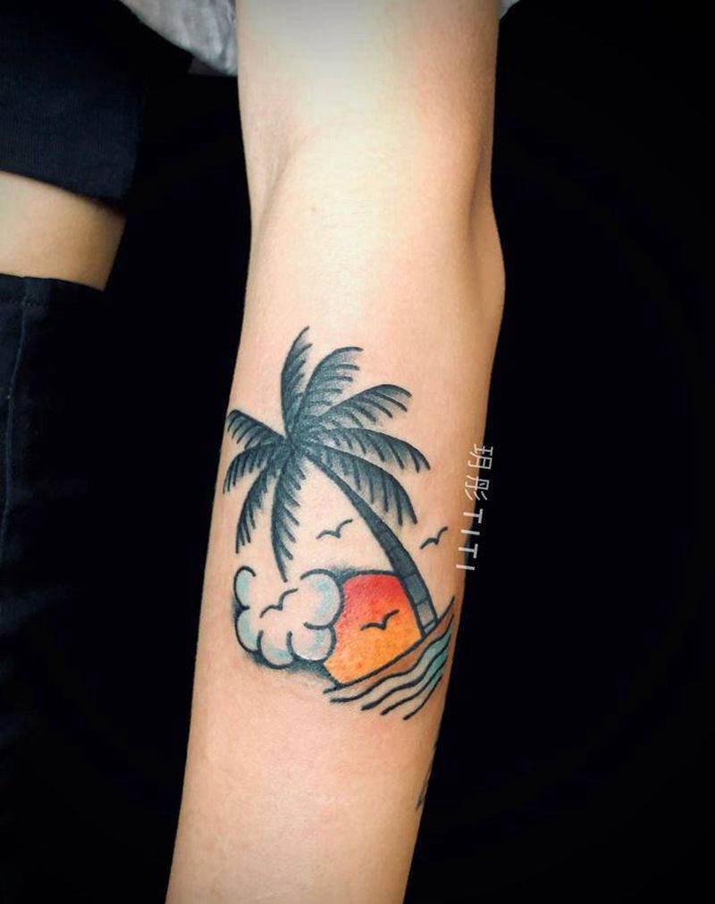 椰子树纹身图片_手臂Old School纹身图案