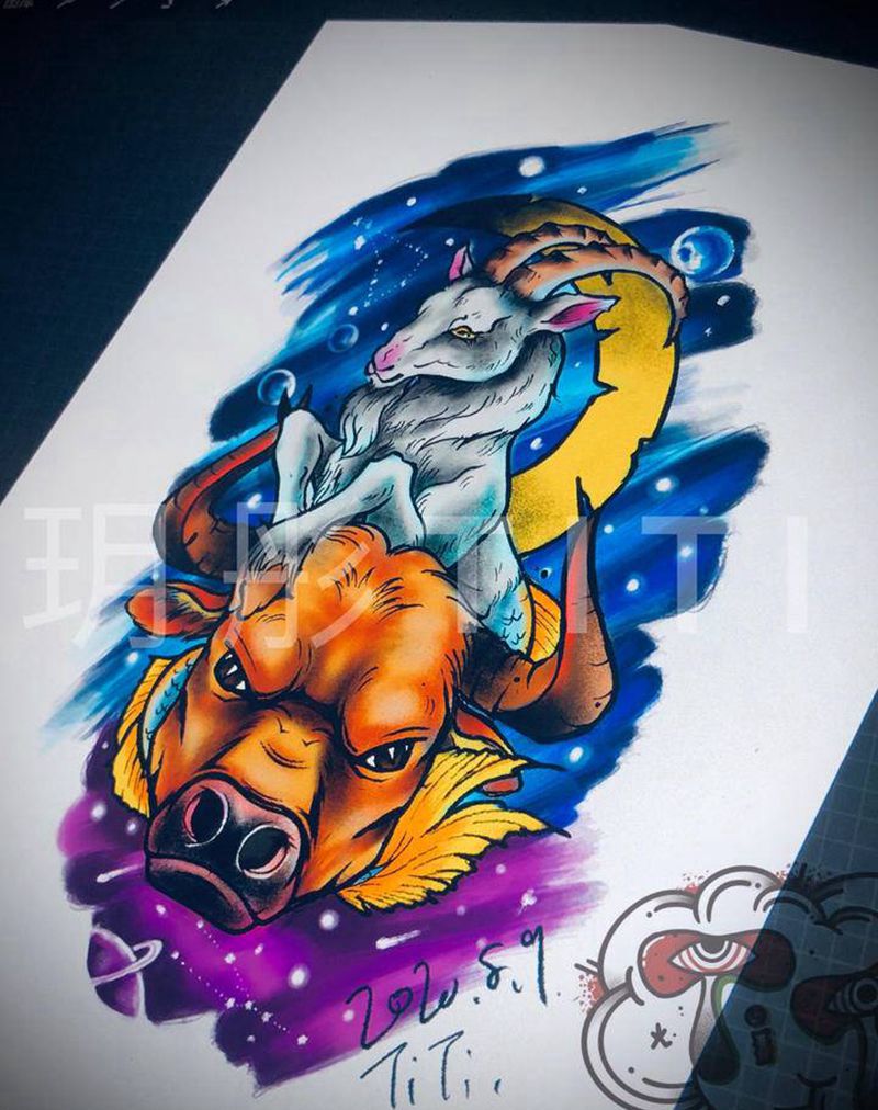 客稿 金牛摩羯纹身图片_手臂New School纹身图案