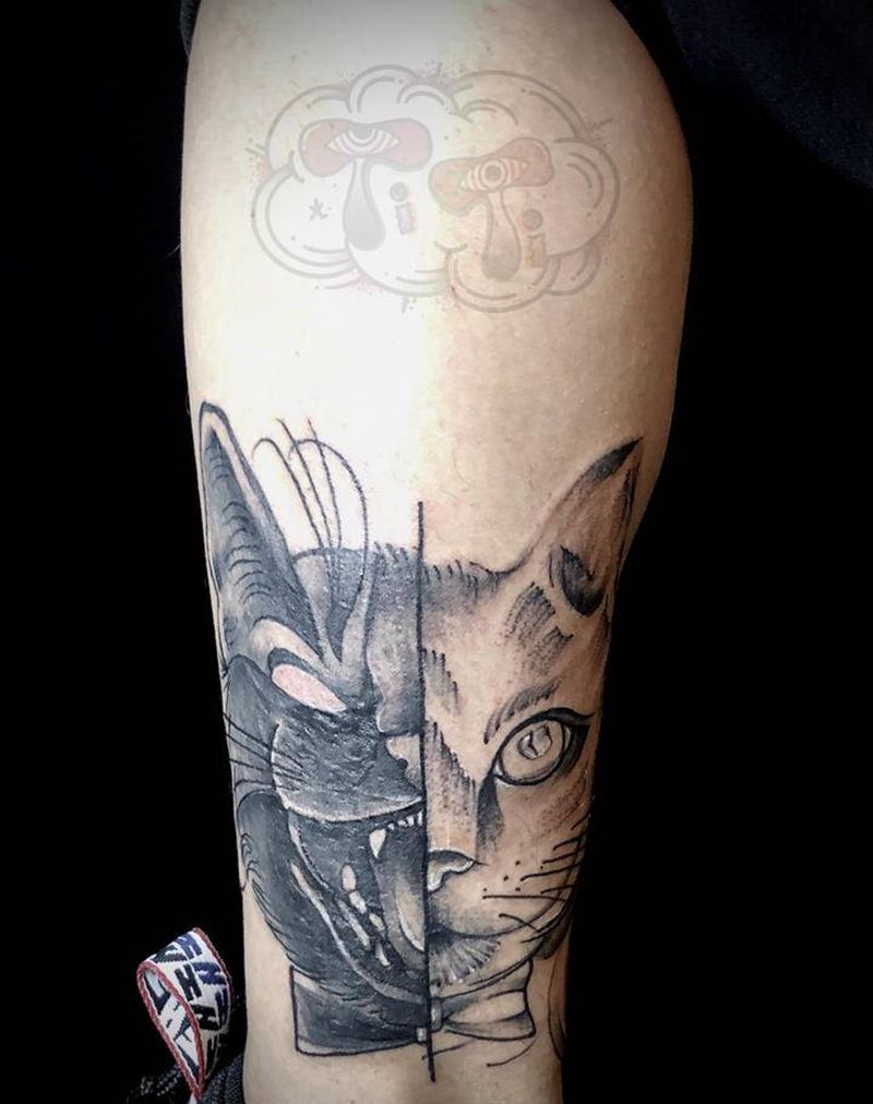 遮盖  双人格猫纹身图片_腿部小清新纹身图案