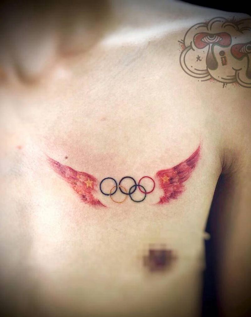 五环国旗纹身图片_胸部纹身图案