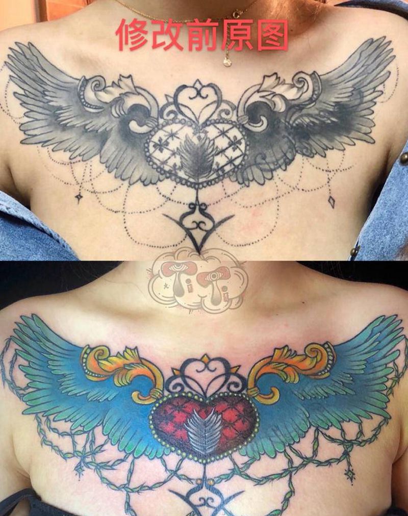 花胸修改纹身图片_New School纹身图案