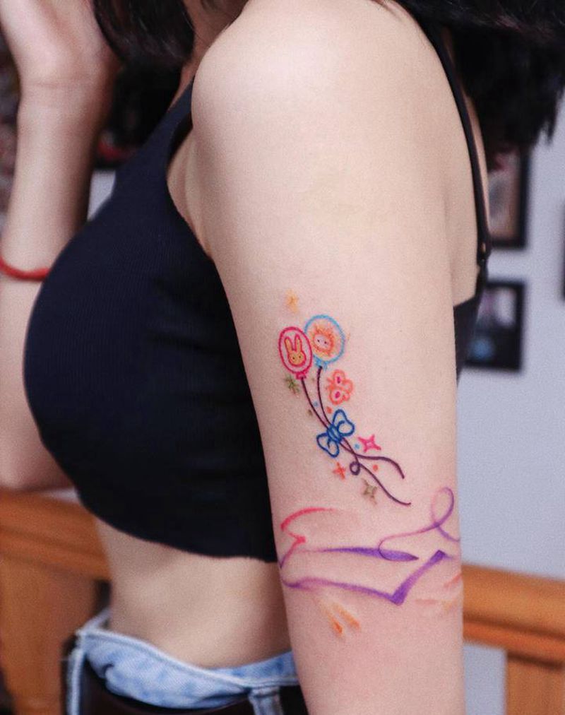 臂环和气球纹身图片_手臂水彩小清新纹身图案