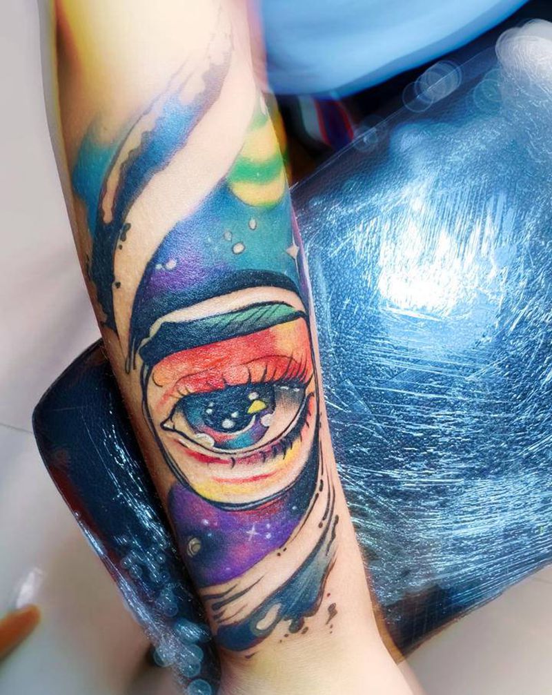 眼睛纹身图片_手臂水彩纹身图案