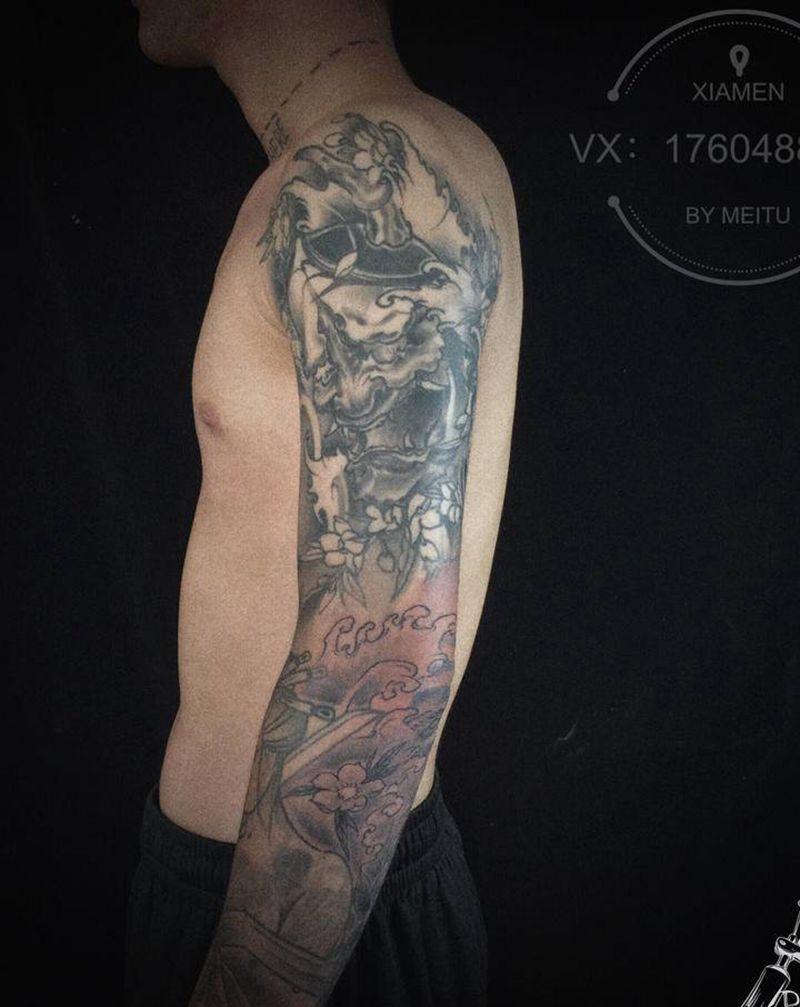 新传统黑灰般若花臂纹身图片_手臂手部新传统般若 水浪纹身图案