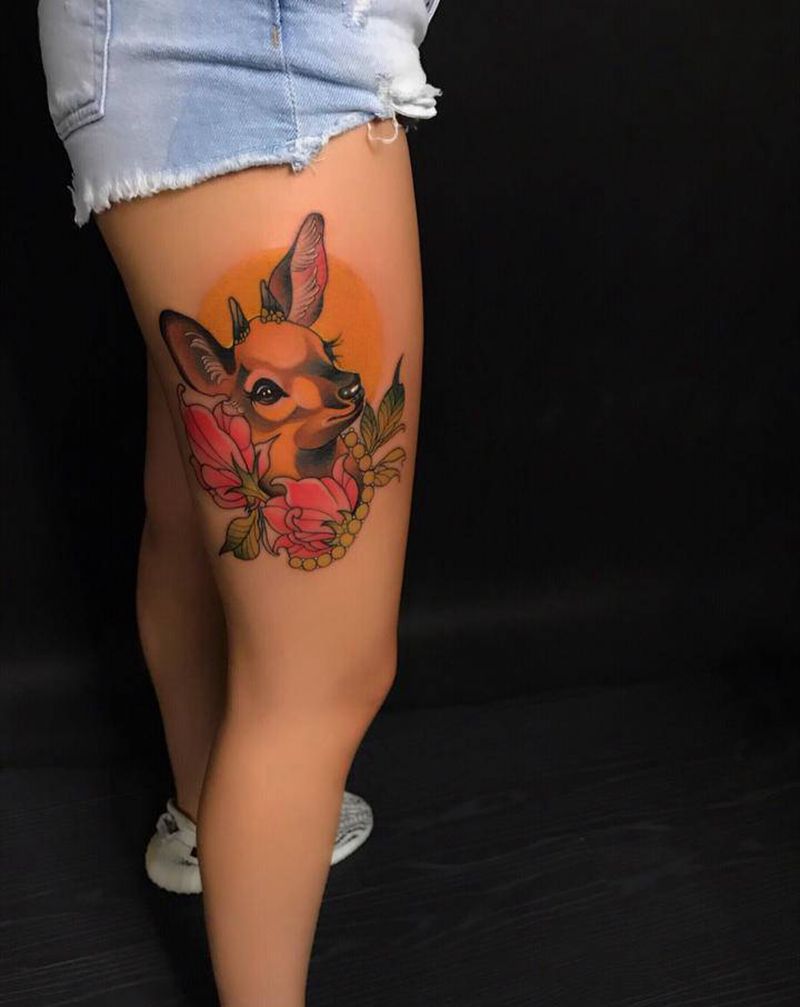 小鹿纹身图片_脚部New School纹身图案