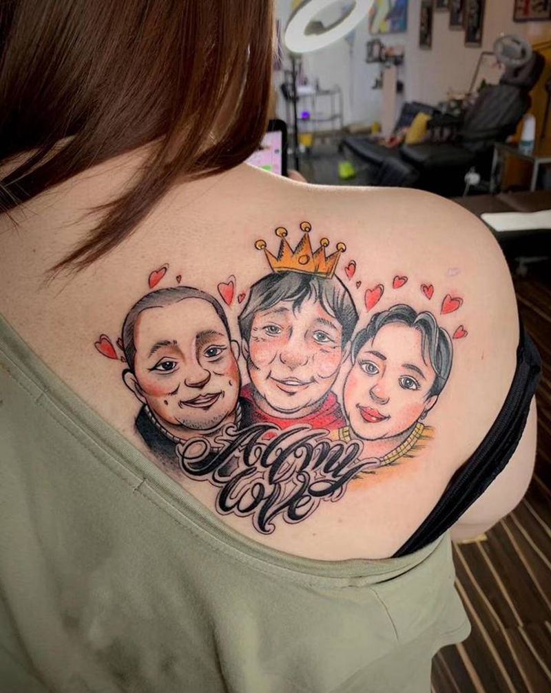 爸爸奶奶姑姑纹身图片_背部New School花体字家人纹身图案