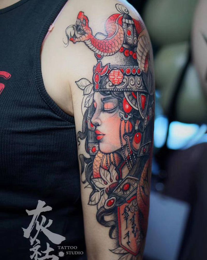 蒙古族元素纹身图片_手臂New School蒙古族纹身图案