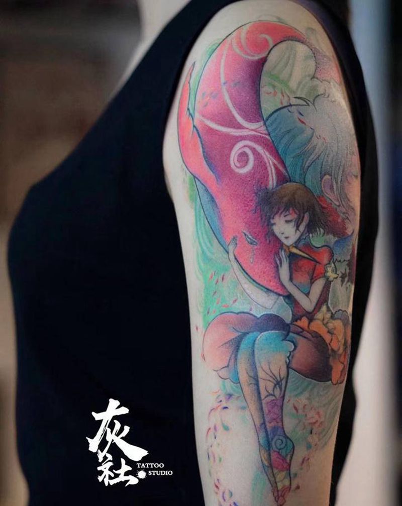 大鱼海棠纹身图片_手臂New School大鱼海棠动漫纹身图案