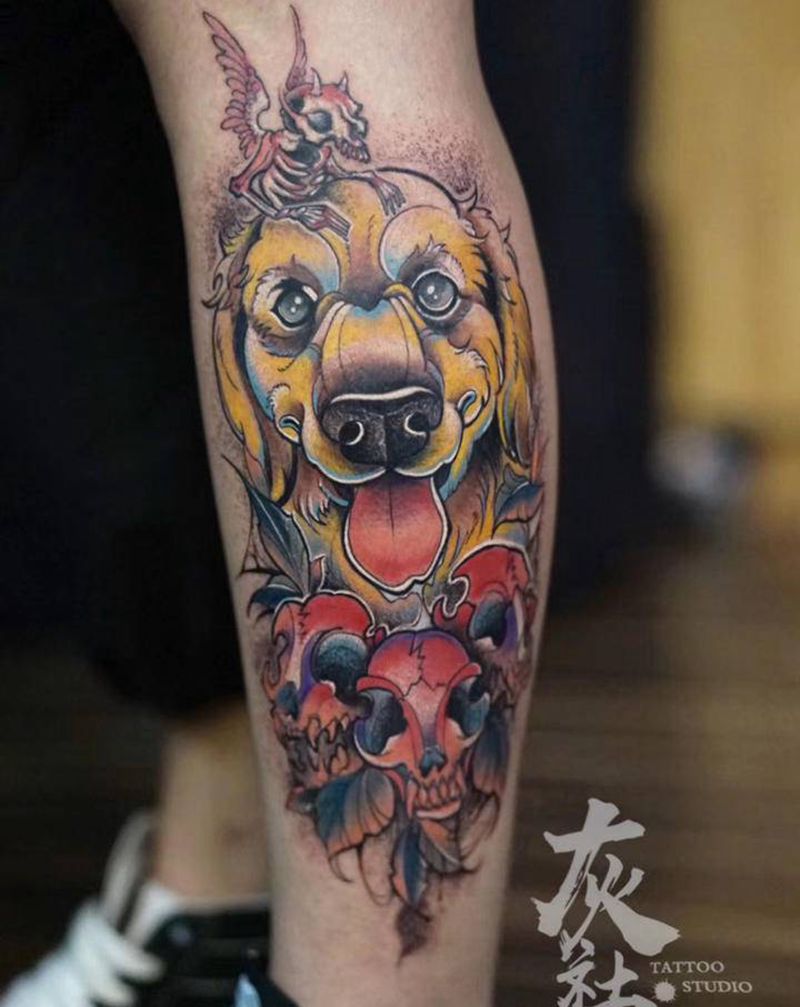 大金毛子纹身图片_腿部New School金毛动物纹身图案