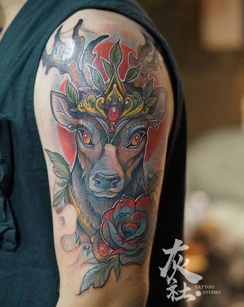 鹿纹身图片_手臂New School鹿纹身图案