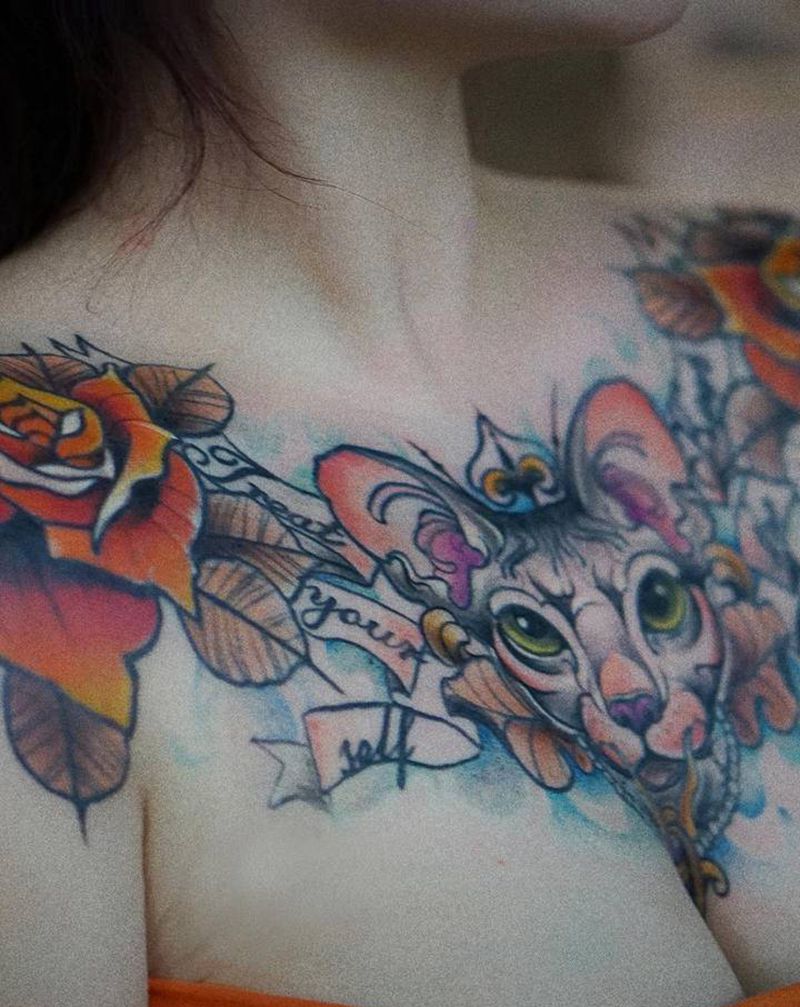 花胸纹身图片_胸部New School猫花纹身图案