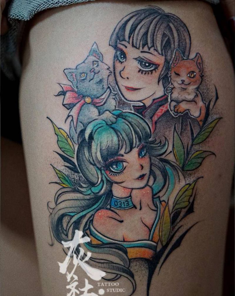 家人纹身图片_腿部New School家人纹身图案