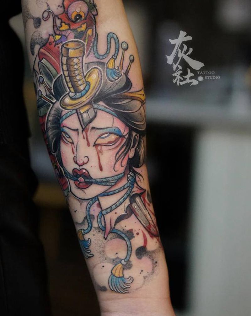 生首，灯笼纹身图片_手臂New School生首纹身图案