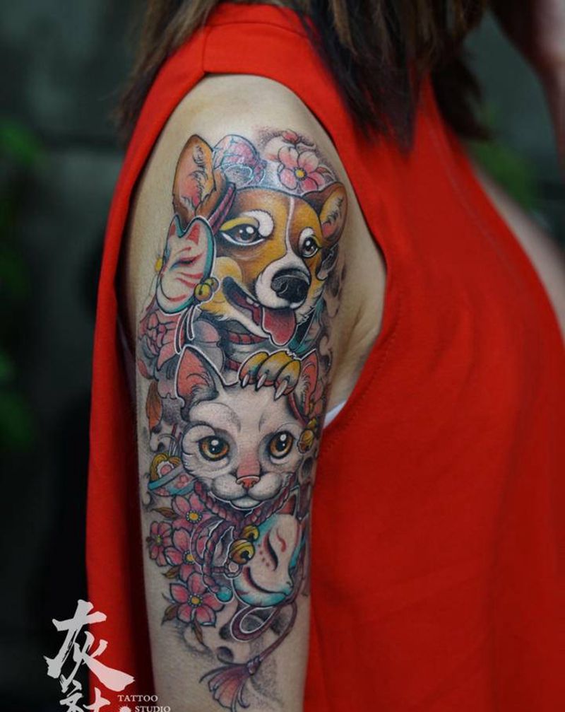 猫狗宠物纹身图片_手臂New School纹身图案