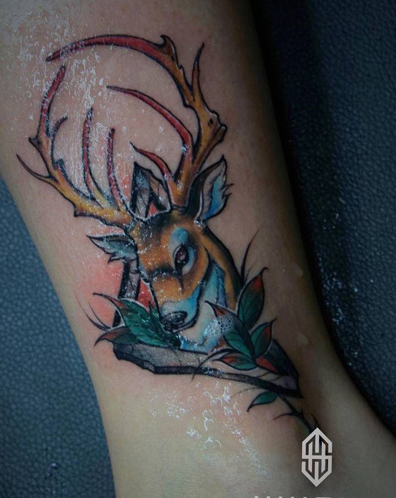 鹿纹身图片_脚部New School纹身图案