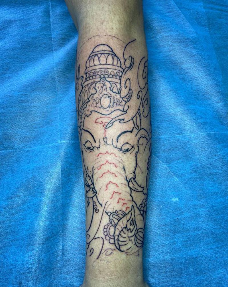 象神线条纹身图片_手臂新传统纹身图案