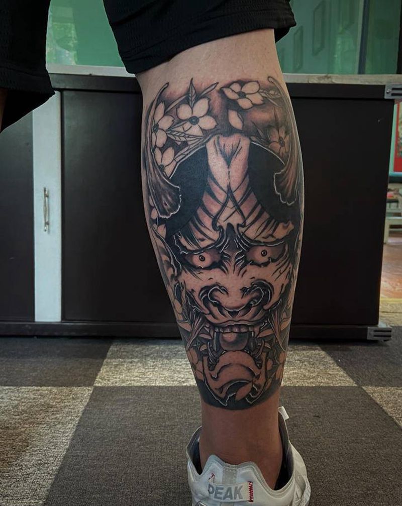 般若遮盖纹身图片_腿部新传统纹身图案