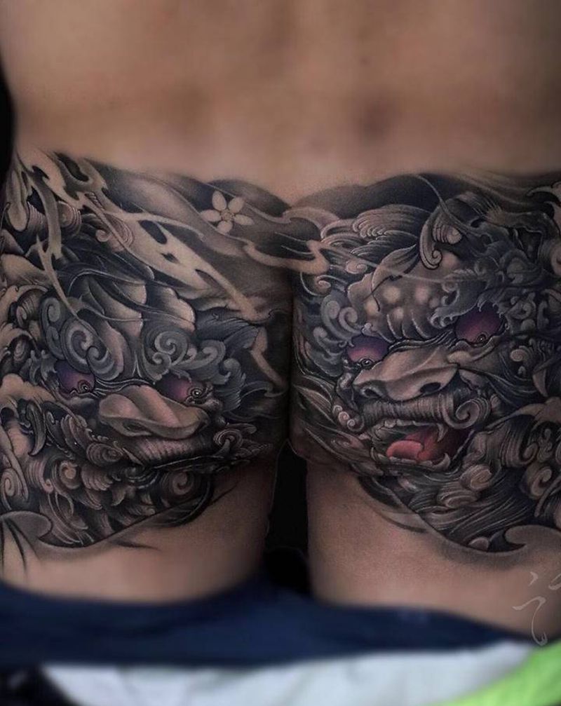 富贵唐狮纹身图片_臀部新传统屁股纹身图案