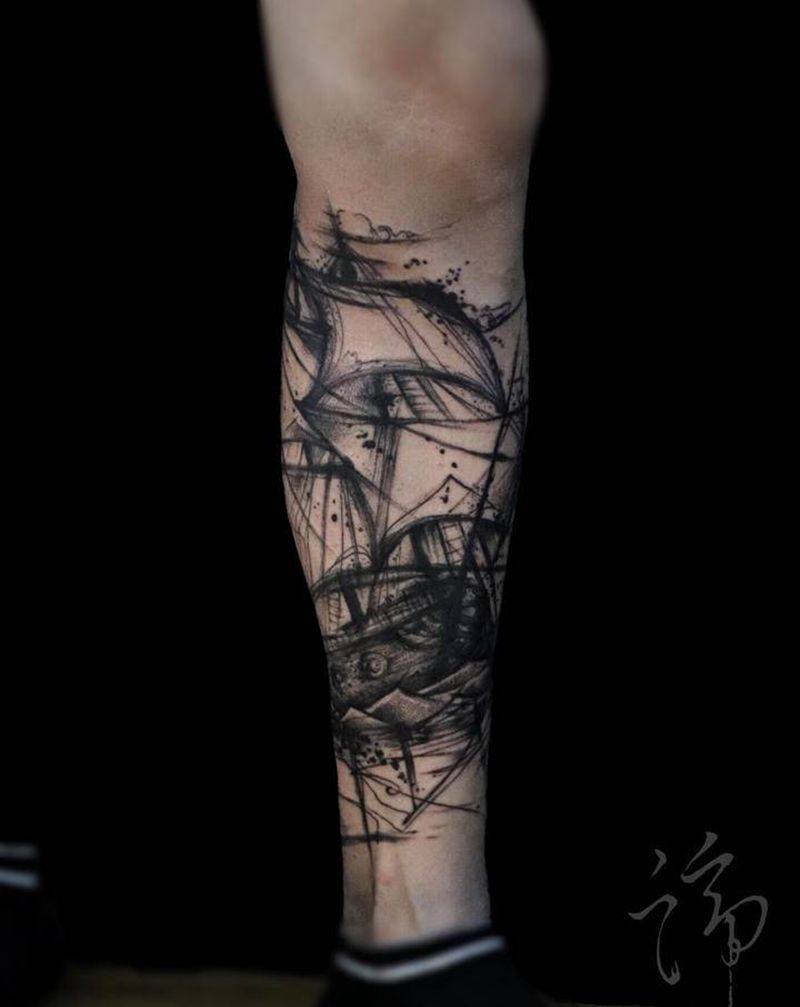 帆船纹身图片_腿部图腾几何帆船纹身图案