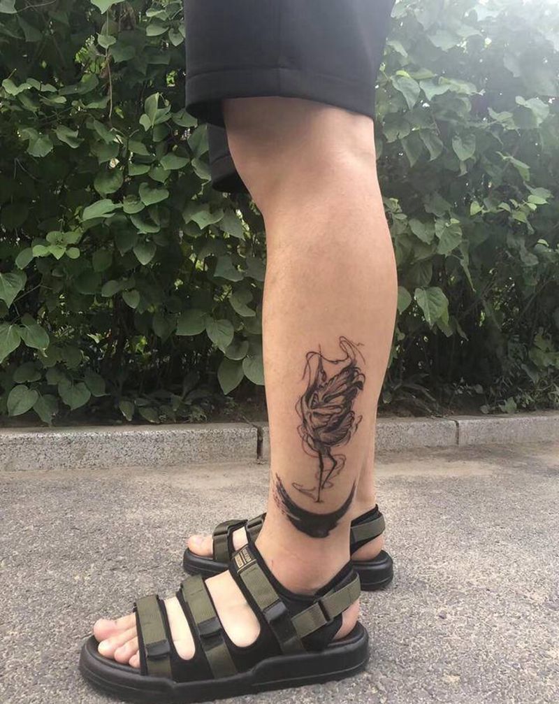 仙鹤水墨纹身图片_腿部遮盖纹身图案