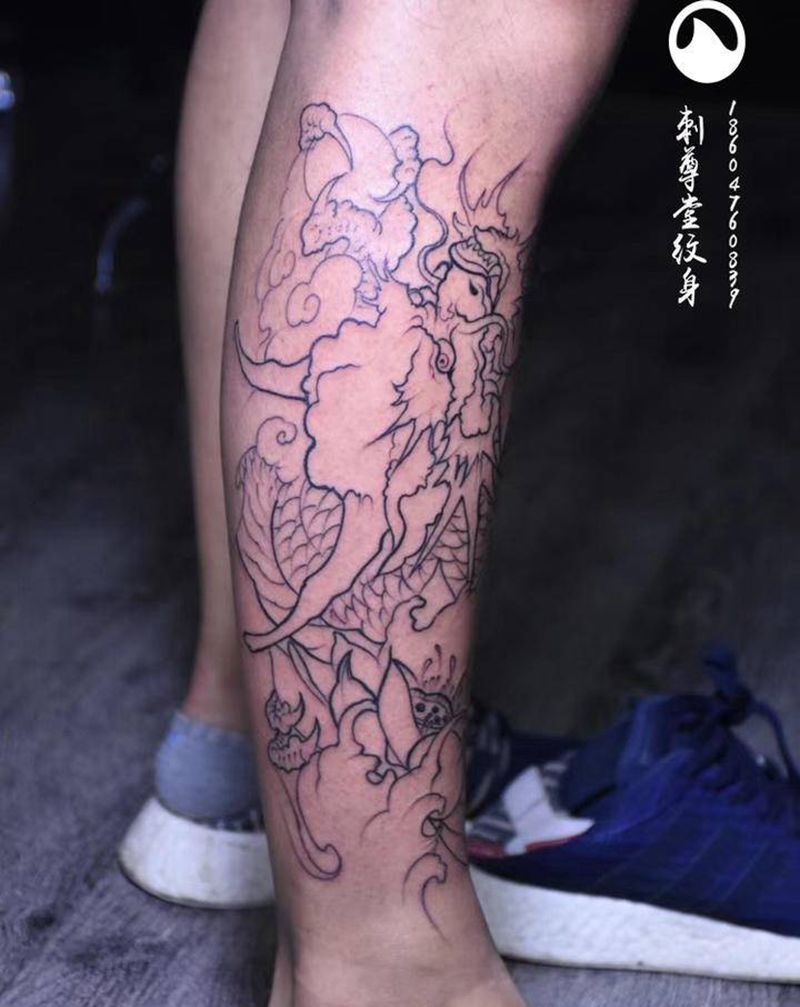 线条纹身图片_腿部新传统纹身图案