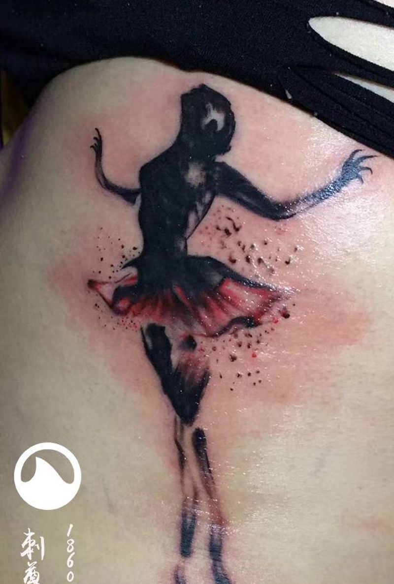 芭蕾纹身图片_腰部水彩水墨纹身图案