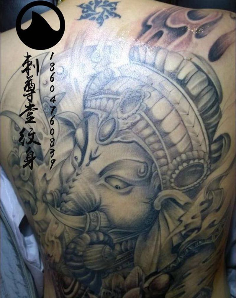 全程麻药-象神纹身图片_背部新传统纹身图案